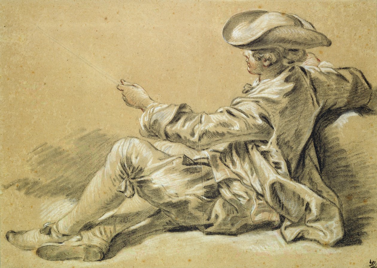 Malý chlapec s rybářským prutem, 1755 (černobílá křída s červenou křídou na světle hnědém papíře) od François Boucher