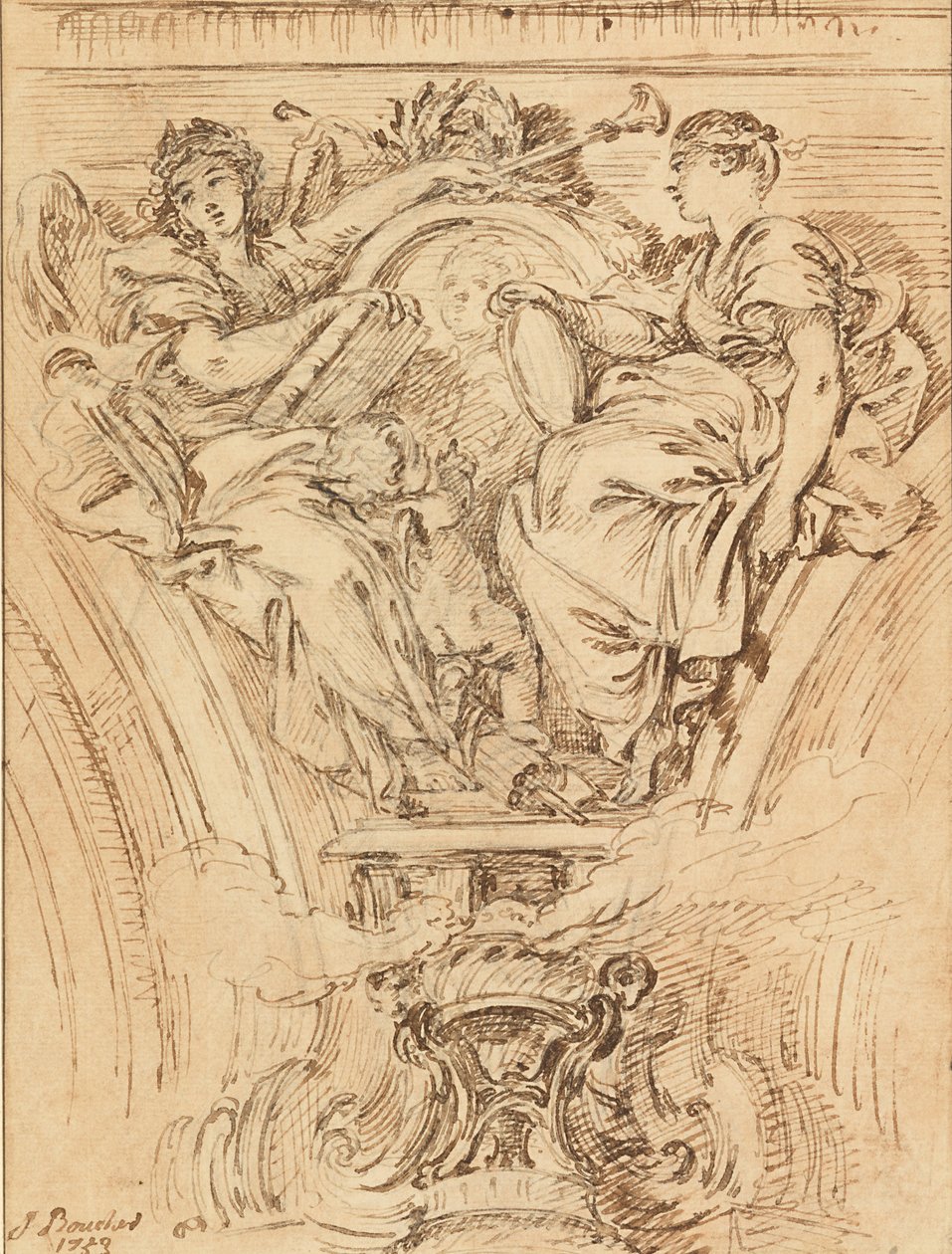 Dekorace Spandrel- sláva a pravda aplaudující Ludvíka XV od François Boucher