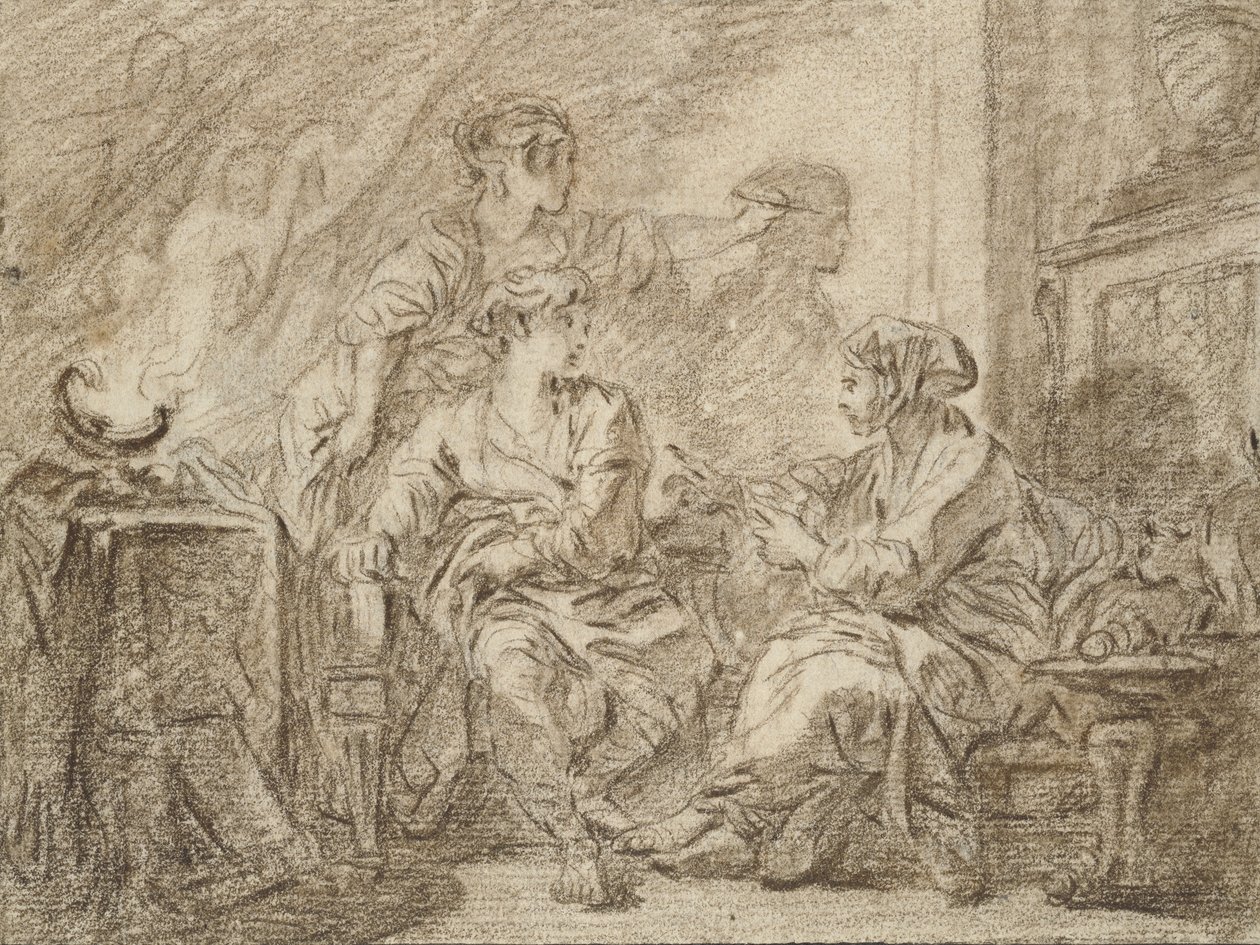 Vynález kresby (hnědá křída na špinavě bílém papíře lemovaná černým inkoustem) od François Boucher