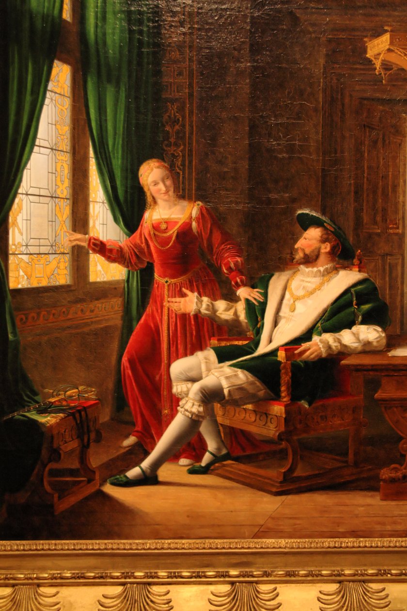 František I. ukazuje své sestře Marguerite de Navarre verše, které právě napsal na sklenici se svým diamantem od François Fleury Richard
