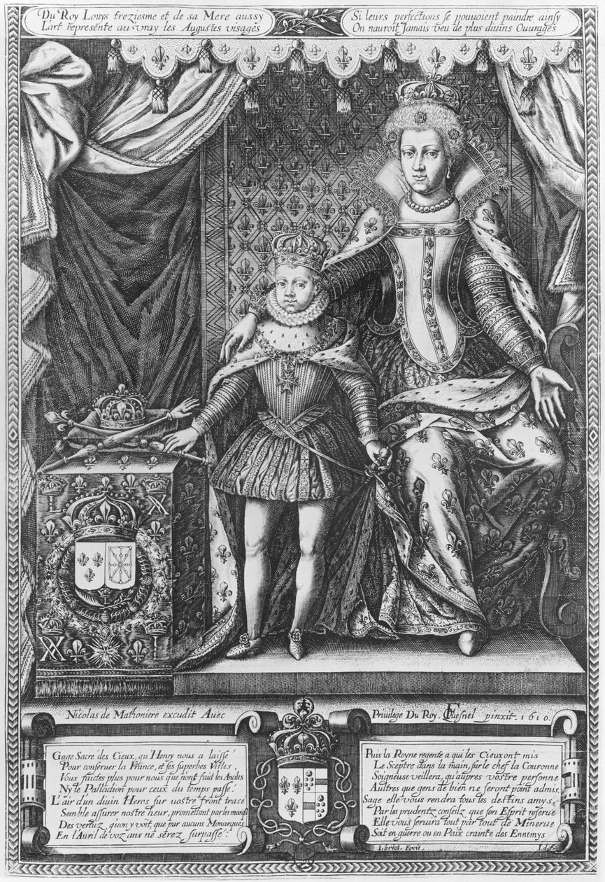 Královna Marie de Medicis a Ludvík XIII jako dítě, vyryl Nicolas de Mathoniere (fl. 1600-22) 1610 od François Quesnel