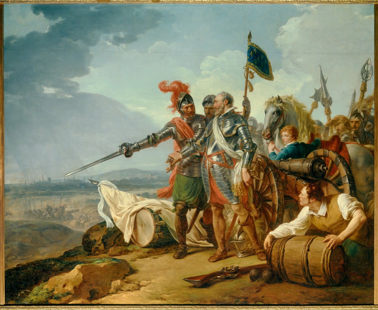 Válka náboženství: „Král Jindřich IV přivážející jídlo do Paříže v srpnu 1590“ Král Jindřich IV. (1553-1610) poblíž Paříže během obléhání města v roce 1590 zásobuje hladovějící Pařížany. Obraz Francoise Andre Vincenta (1746-1816) 1783 Ne. 1,57x1,92 m od François André Vincent