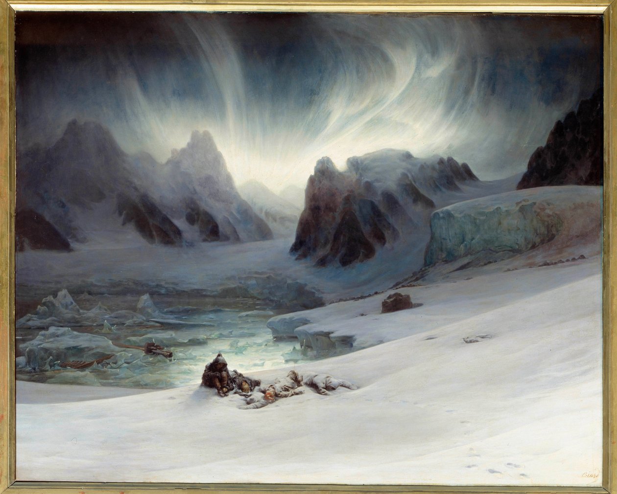Magdalena Bay při pohledu z Peninsula Tomb, Severní Špicberky. Efekt Aurora borealis. Olej na plátně, 1,30 x 1,63 m. - “” Magdalena Bay, pohled z poloostrova s hrobkami severně od Spitzbergu, efekt polární záře”” Malba Francoise Auguste Biarda od François Auguste Biard