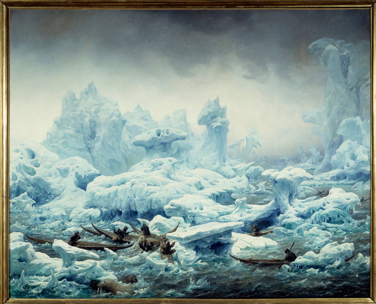 Pohled na ledový oceán, lov mrožů u Greenlanders Malba Francoise Auguste Biarda (1799-1882) 1841 Sun. 1,3x1,63 m Dieppe, musee du chateau - Lov mrožů v Severním ledovém oceánu. Pohled na Polární moře, Grónané loví mrože. Malování od od François Auguste Biard