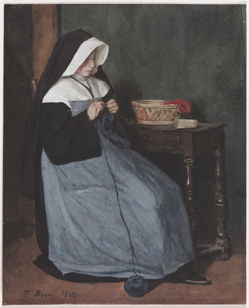 Jeptiška sedící u stolu pletení, 1862. od François Bonvin