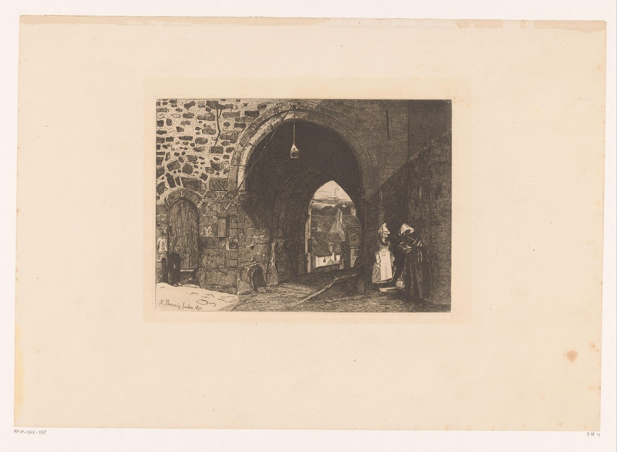 Gezicht op de Porte de St. Malo te Dinan Deset leptů, kreslil a ryl F. Bonvin, malíř (název série) od François Bonvin
