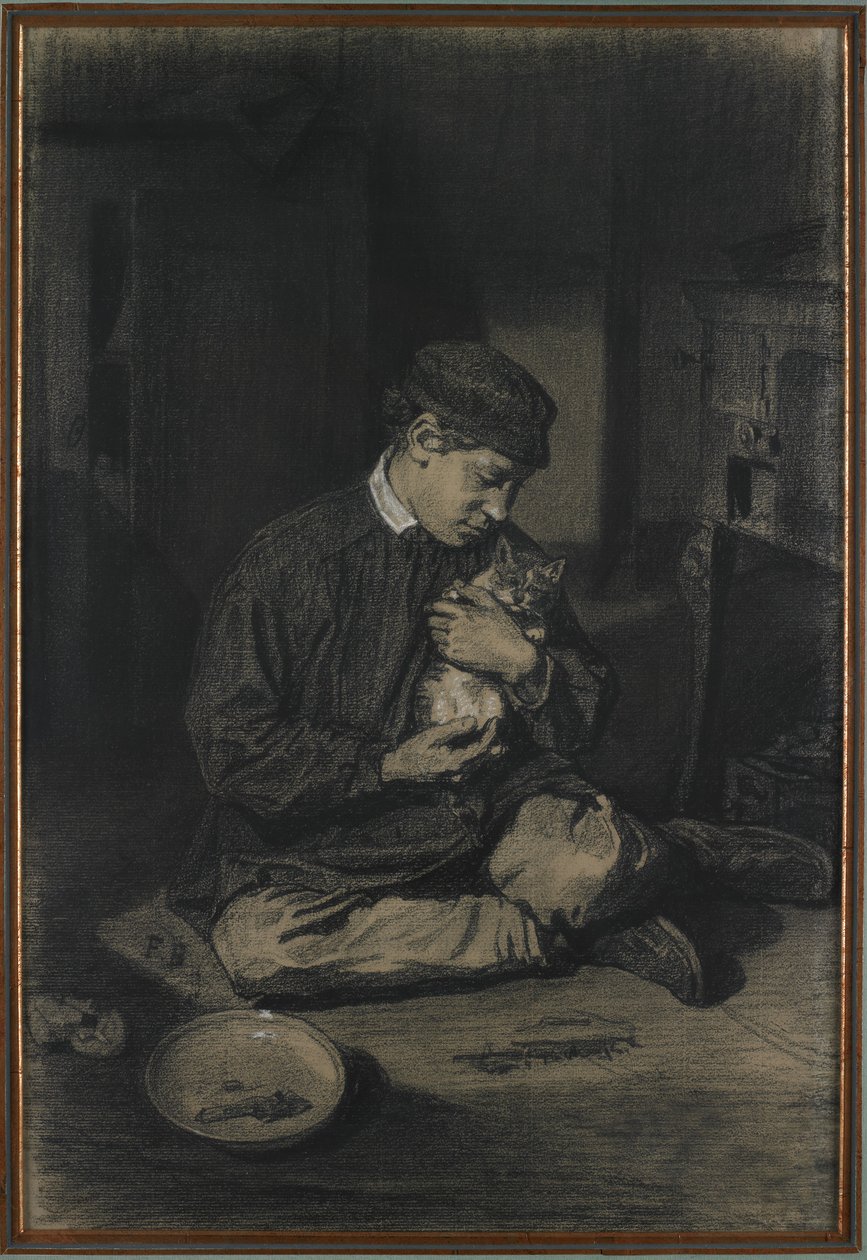 Sedící chlapec držící kočku (recto); Studie o koťatech a talíři mléka (verso), c. 1874-80 (černá křída zvýrazněná bílou křídou na špinavě bílý papír) od François Bonvin