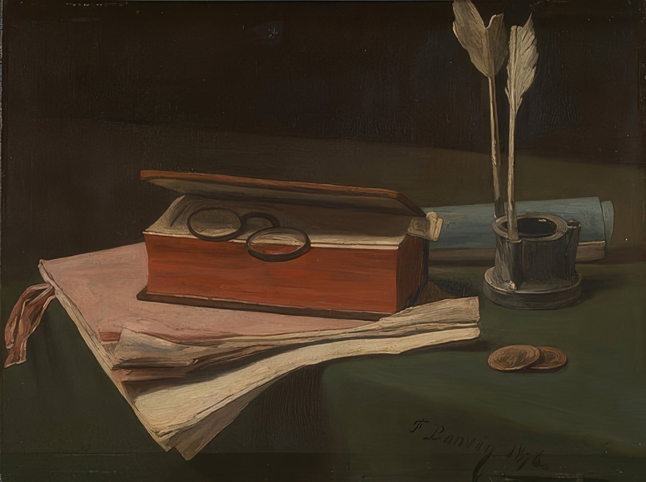 Zátiší s knihou, papíry a kalamářem. 1876 od François Bonvin