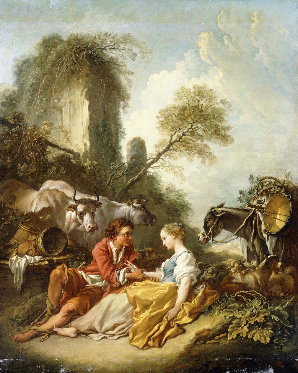 Pastorační krajina s pastýřem a pastýřkou sedícími u ruin, od François Boucher
