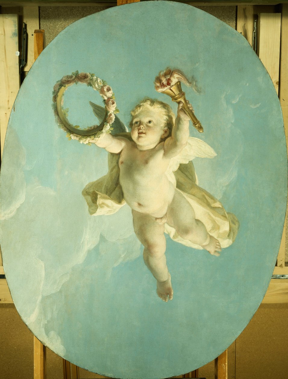 Putti v letu drží věnec a pochodeň, od François Boucher