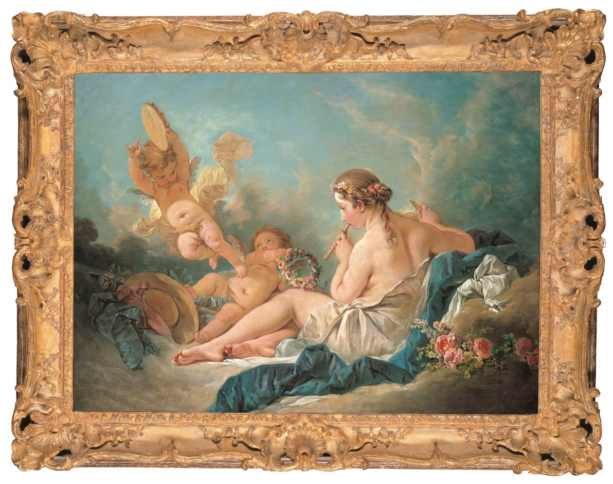 Ležící nymfa hrající na flétnu s Puttim, snad múza Euterpe, 1752 od François Boucher