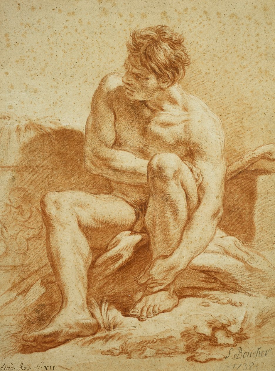Sedící akt s holí, reliéf s Puttim nalevo, 1738 od François Boucher