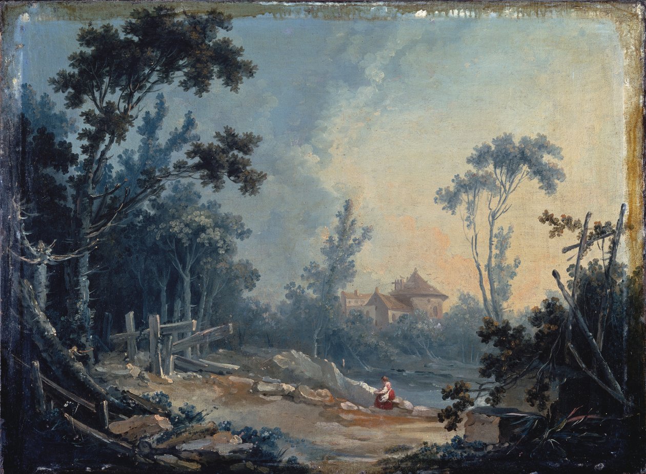 Zalesněná krajina s budovami v dálce od François Boucher