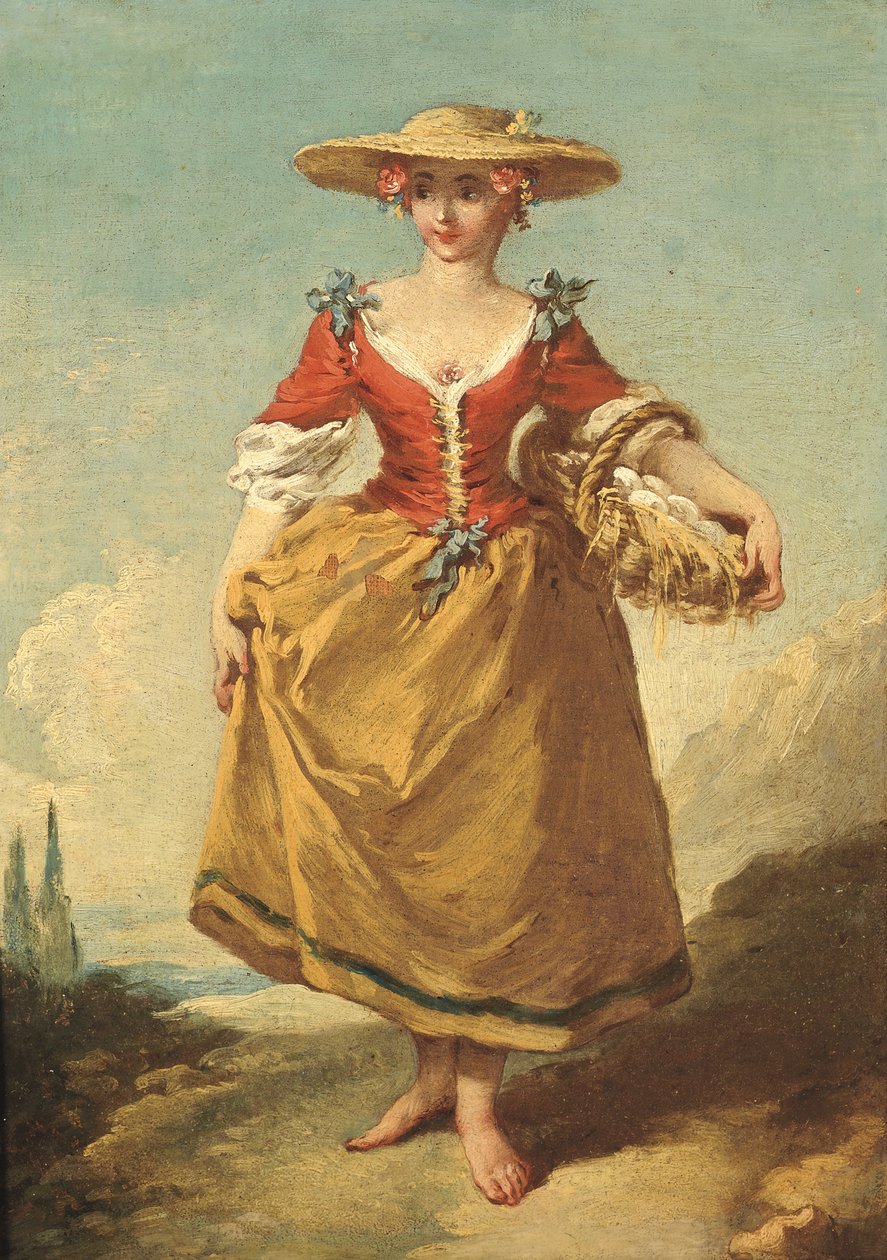 Rolnická dívka v krajině nesoucí košík vajec (olej na plátně) od François Boucher