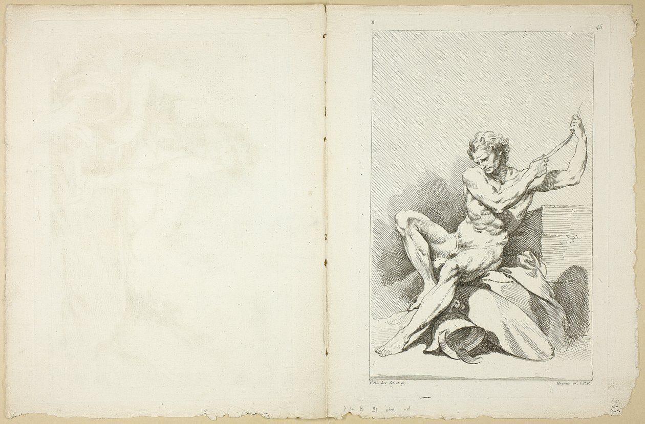 Akademický akt (recto a verso), z Druhé knihy akademických postav částečně vyrytý profesory Královské akademie od François Boucher