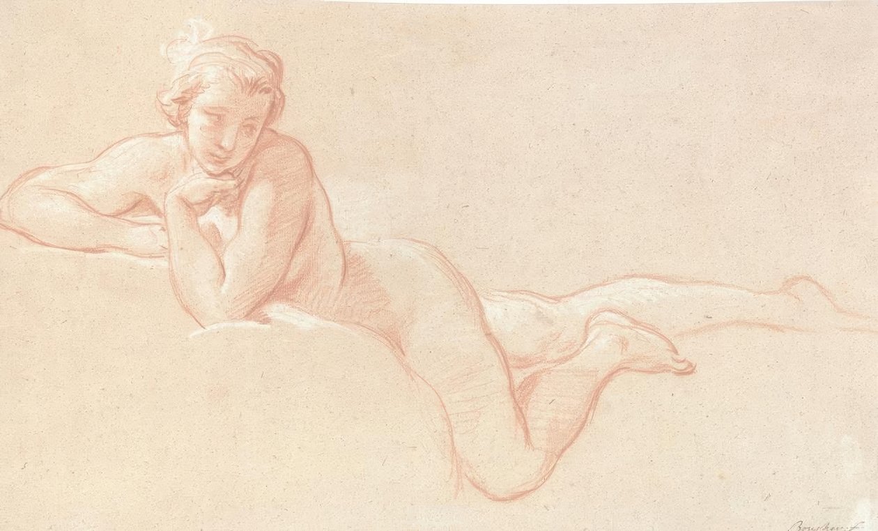 Nahá studie ženy ležící na oblacích s bradou položenou na levé ruce od François Boucher