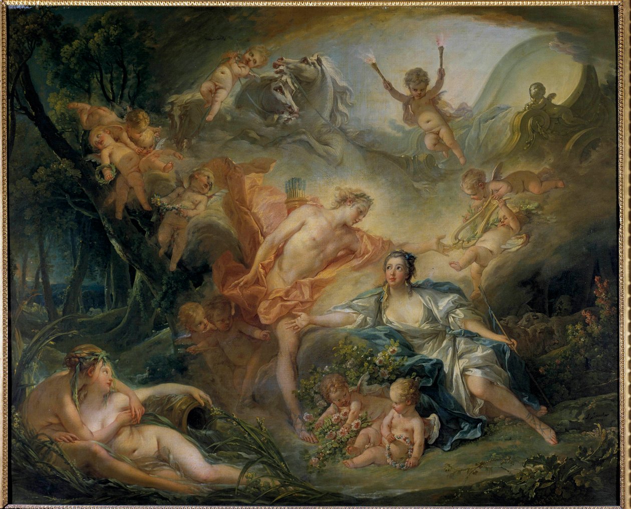 Apollo odhalující své božstvo pastýři Is La bergere miluje Filemona, který je ve skutečnosti bohem Apollónem. Obraz Francoise Bouchera (1703-1770) 1750 Ne. 1,29 x 1,57 m Prohlídky, Musee des Beaux Arts od François Boucher