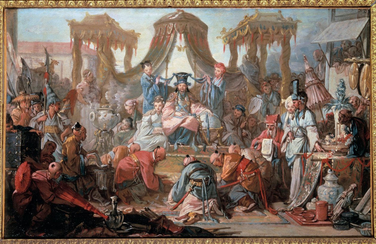 Audience čínského císaře Poddaní padají před císařem na zem. Obraz Francoise Bouchera od François Boucher