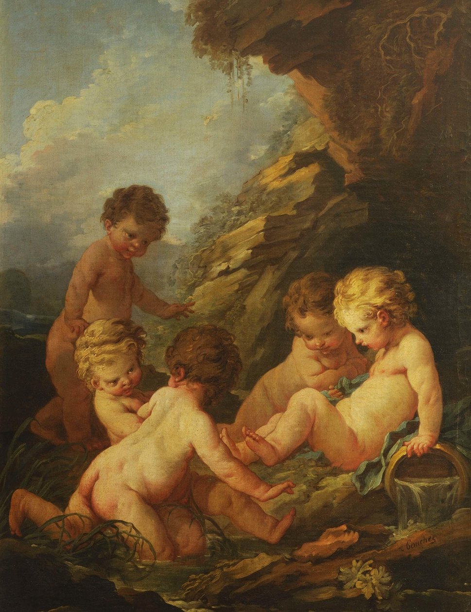 Boucher - Pět nahých dětí hrajících si u skalnaté tůně, 1730-1735 od François Boucher