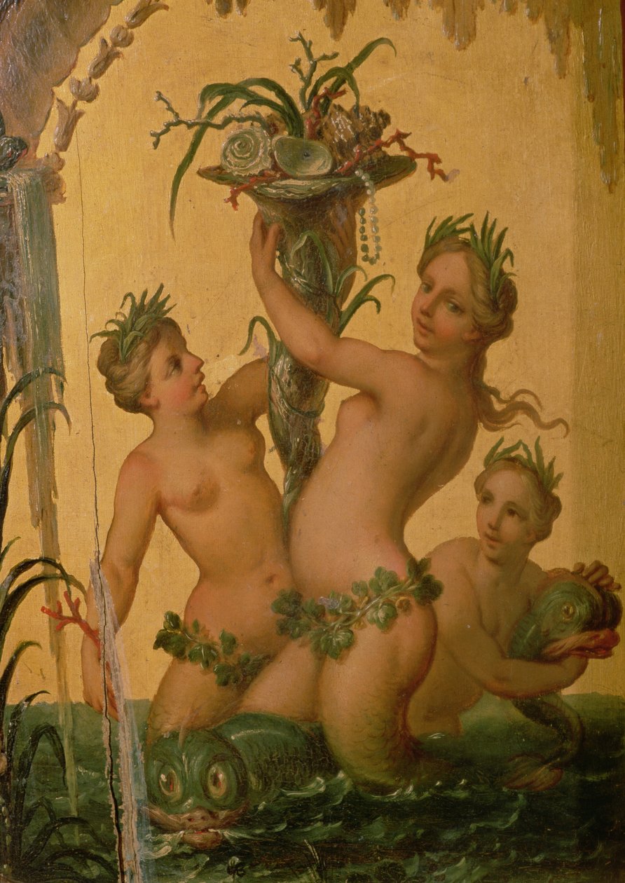 Detail sirén držících roh hojnosti ze státního vozu Petra Velikého, kolem roku 1724 od François Boucher