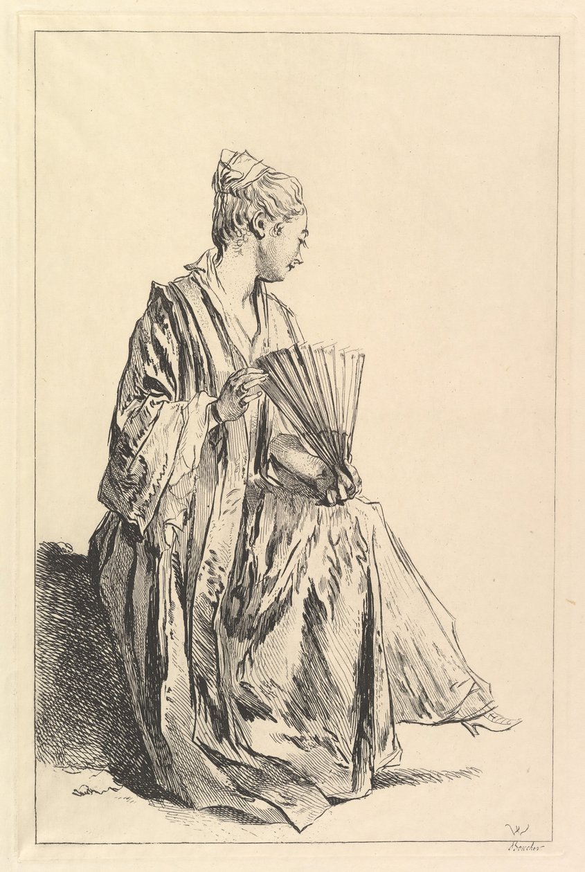 Sedící žena, z profilu vpravo, hraje fanynka, 1720-70. od François Boucher