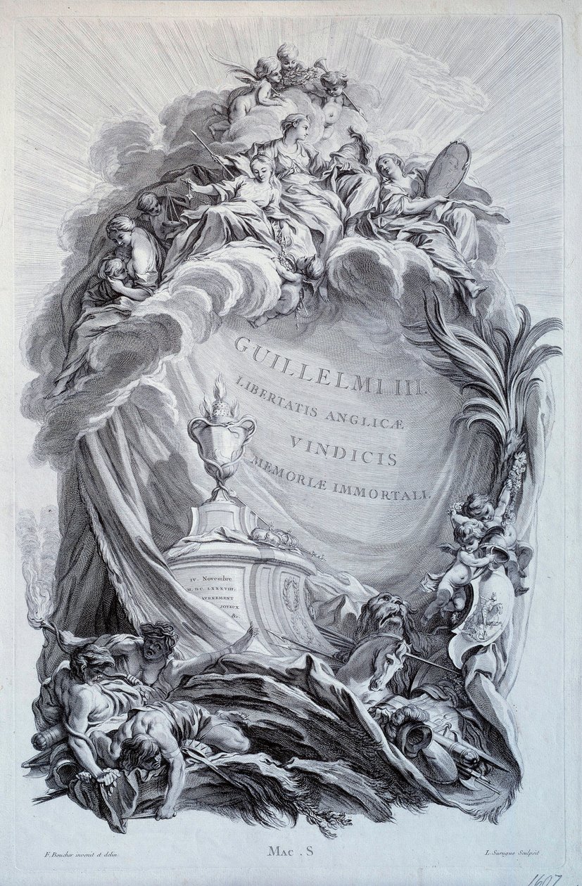 Frontispice pro řadu prken na hrobě Viléma III., prince Oranžského a krále Anglie (1650-1702). Kresba Francoise Bouchera (1703-1770) 18. století. Paříž, muzeum Louvre od François Boucher