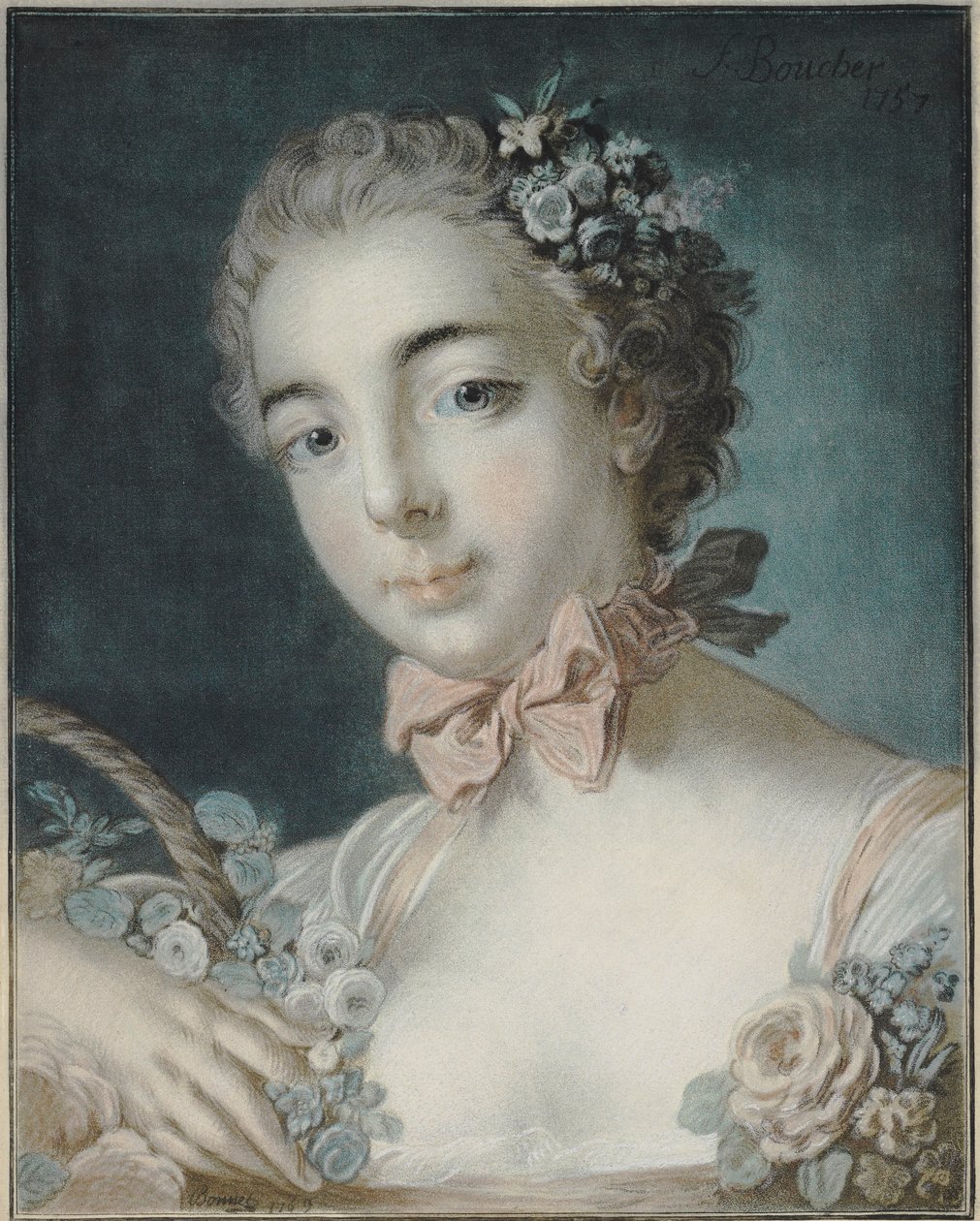 Hlava Flory, 1769 (rytina pastelovou technikou) od François Boucher