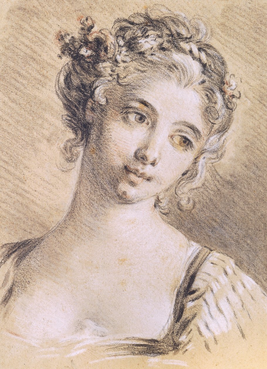 Hlava mladé dívky (uhlí a bílá křída na papíře) od François Boucher