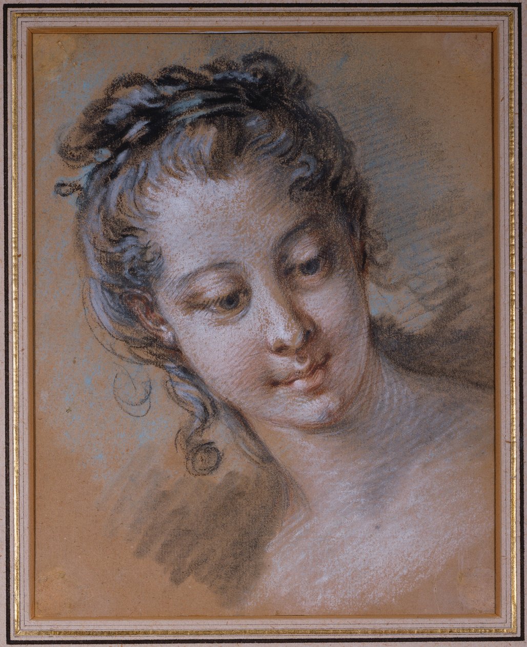 Hlava mladé dívky, dívá se dolů doprava od François Boucher