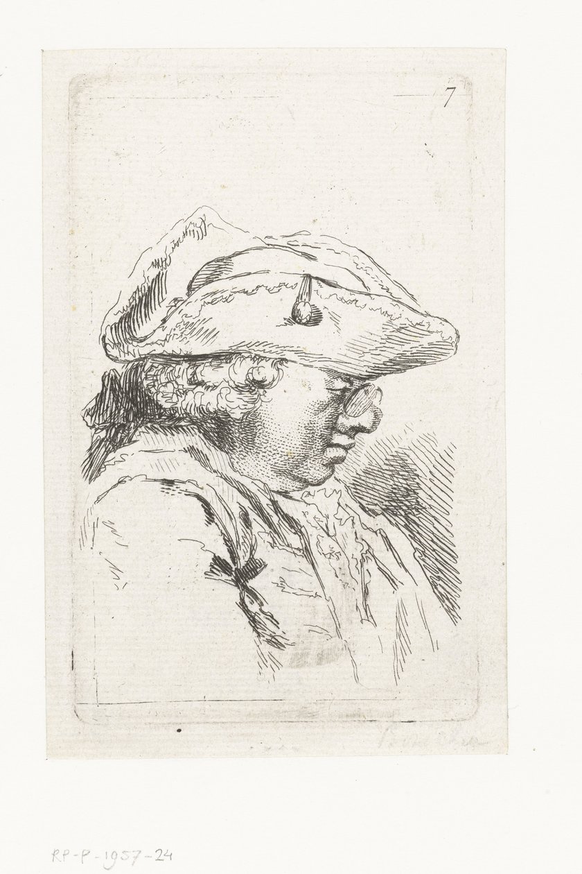 Hlava muže s brýlemi a tricorne Sada drobných žánrových skladeb a titulků (název série) od François Boucher