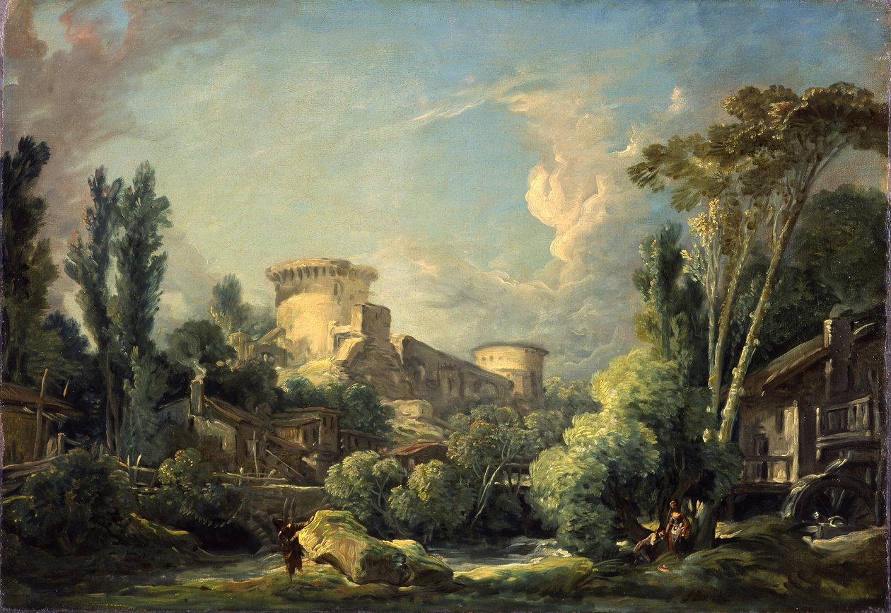 Krajina s hradem a mlýnem, kolem roku 1765 od François Boucher