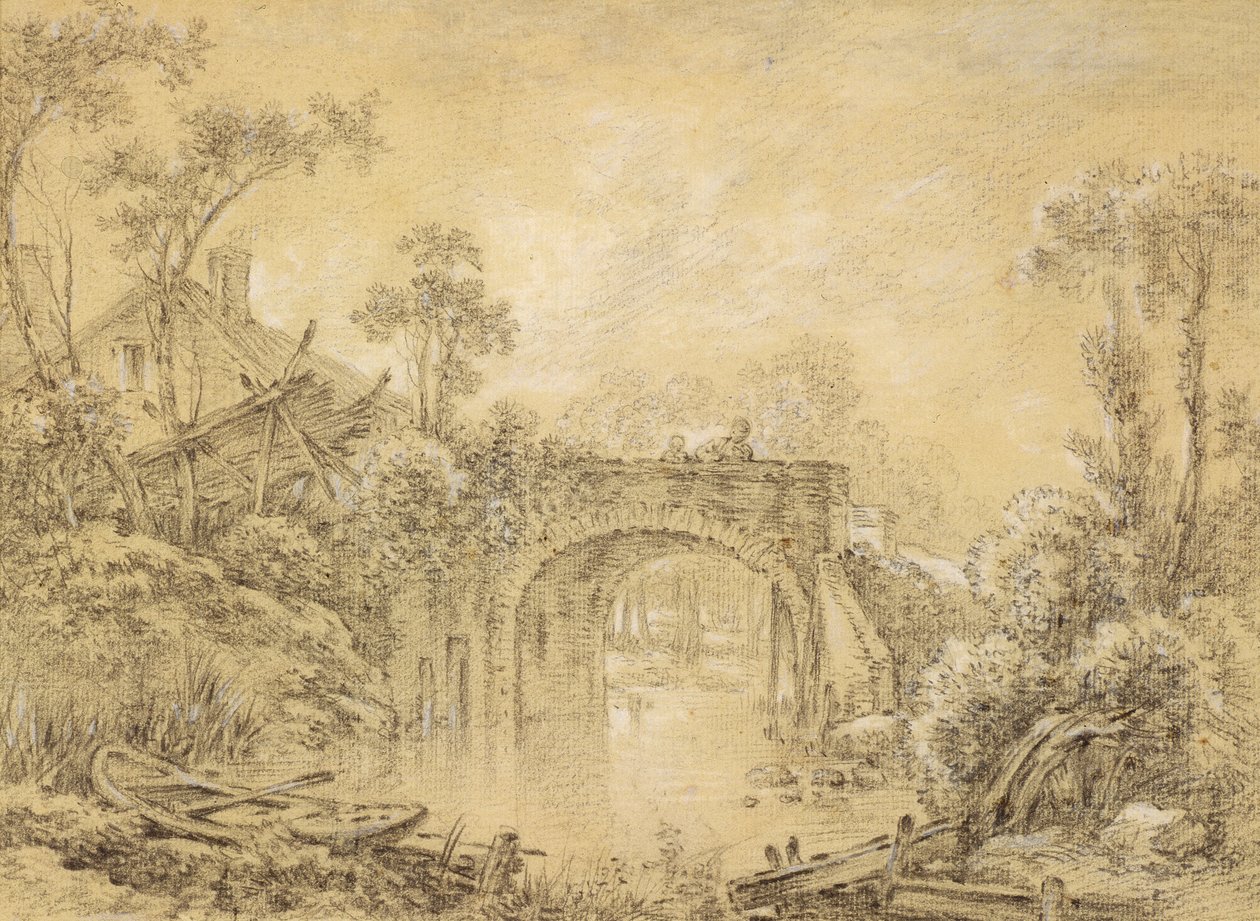 Krajina s rustikálním mostem, cca 1740 (černá křída zvýrazněná bílou na krémově položeném papíře) od François Boucher
