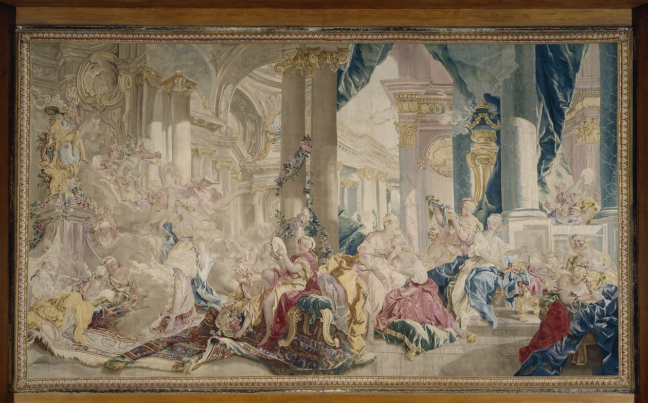 Manufacture de Beauvais - Psyché vedená Zephyrem do paláce lásky a Psyché ukazující své bohatství sestrám, po roce 1741 od François Boucher