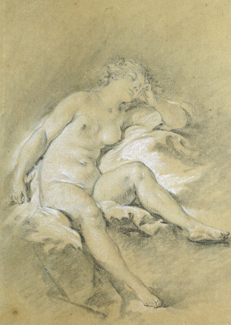 Nahá mladá žena sedí, spí; Nahá a sedící mladá žena, spící, od François Boucher