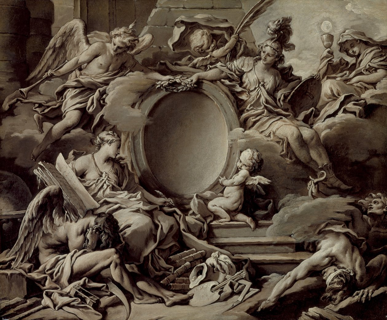 Projekt pro kartuši: Alegorie Minervy, slávy, historie a víry překonávající nevědomost a čas, kolem roku 1727 od François Boucher