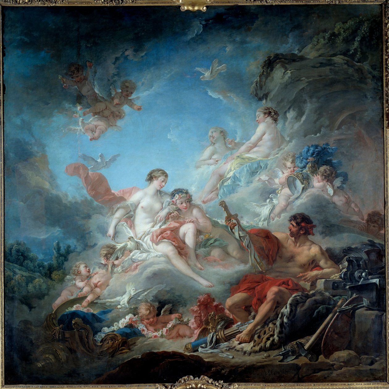 Vulcan nebo vulkánské železárny představující zbraně Venuše pro Enee. Obraz Francoise Bouchera od François Boucher