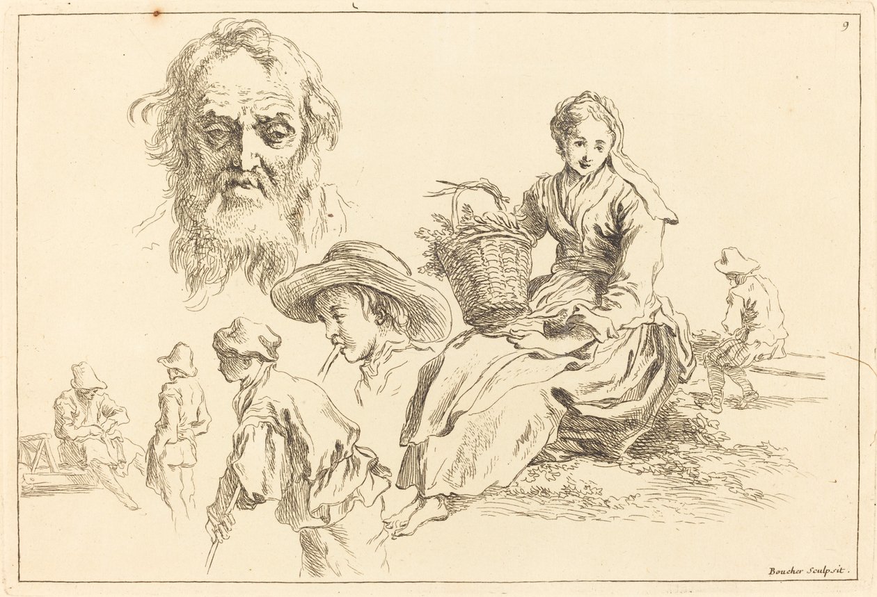 Figurální studie včetně Bearded Face of an Old Man od François Boucher after Abraham Bloemaert