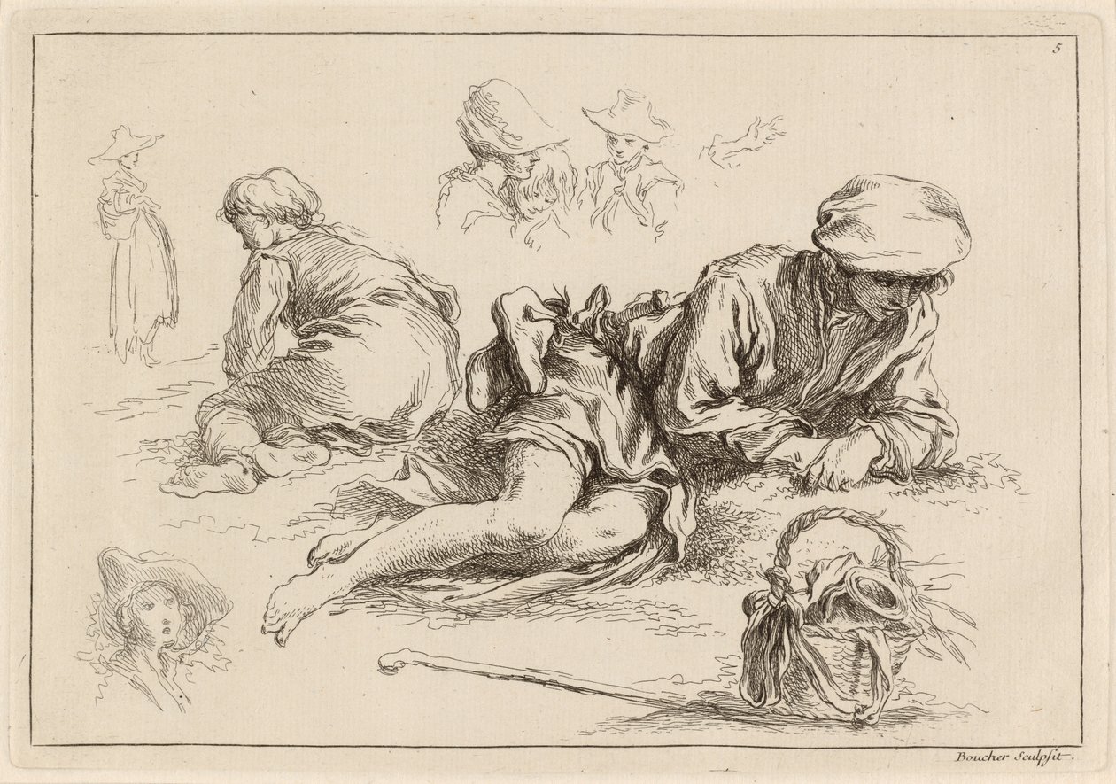 Figurové studie včetně Ležícího chlapce od François Boucher after Abraham Bloemaert