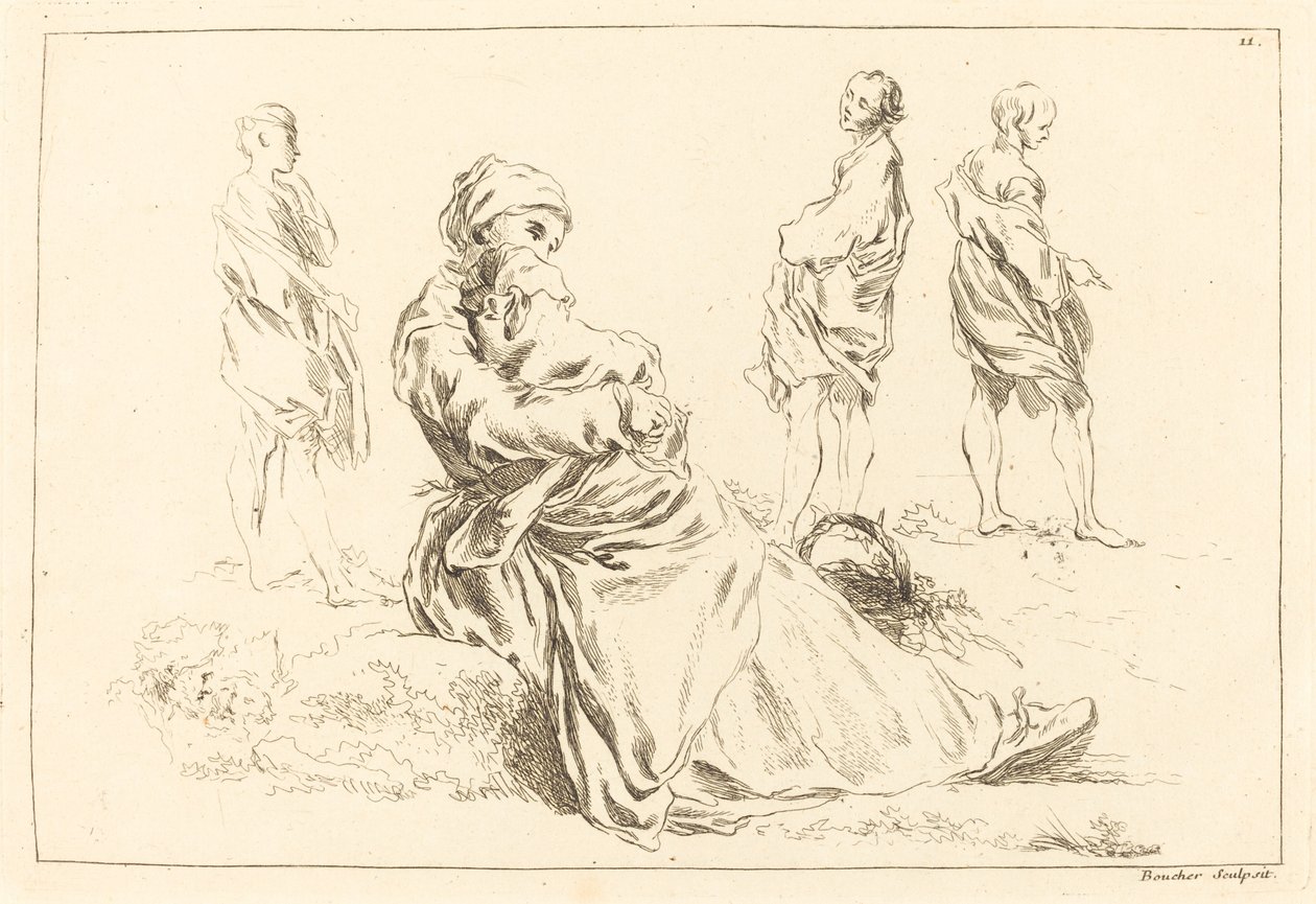 Studie postavy včetně sedící matky a dítěte od François Boucher after Abraham Bloemaert