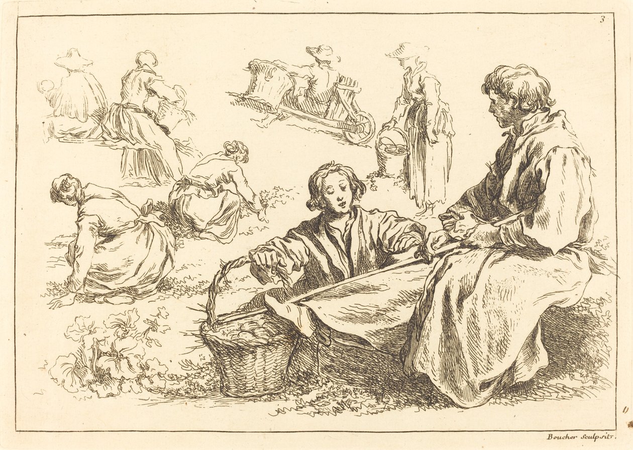 Studie postavy včetně dvou sedících rolníků od François Boucher after Abraham Bloemaert