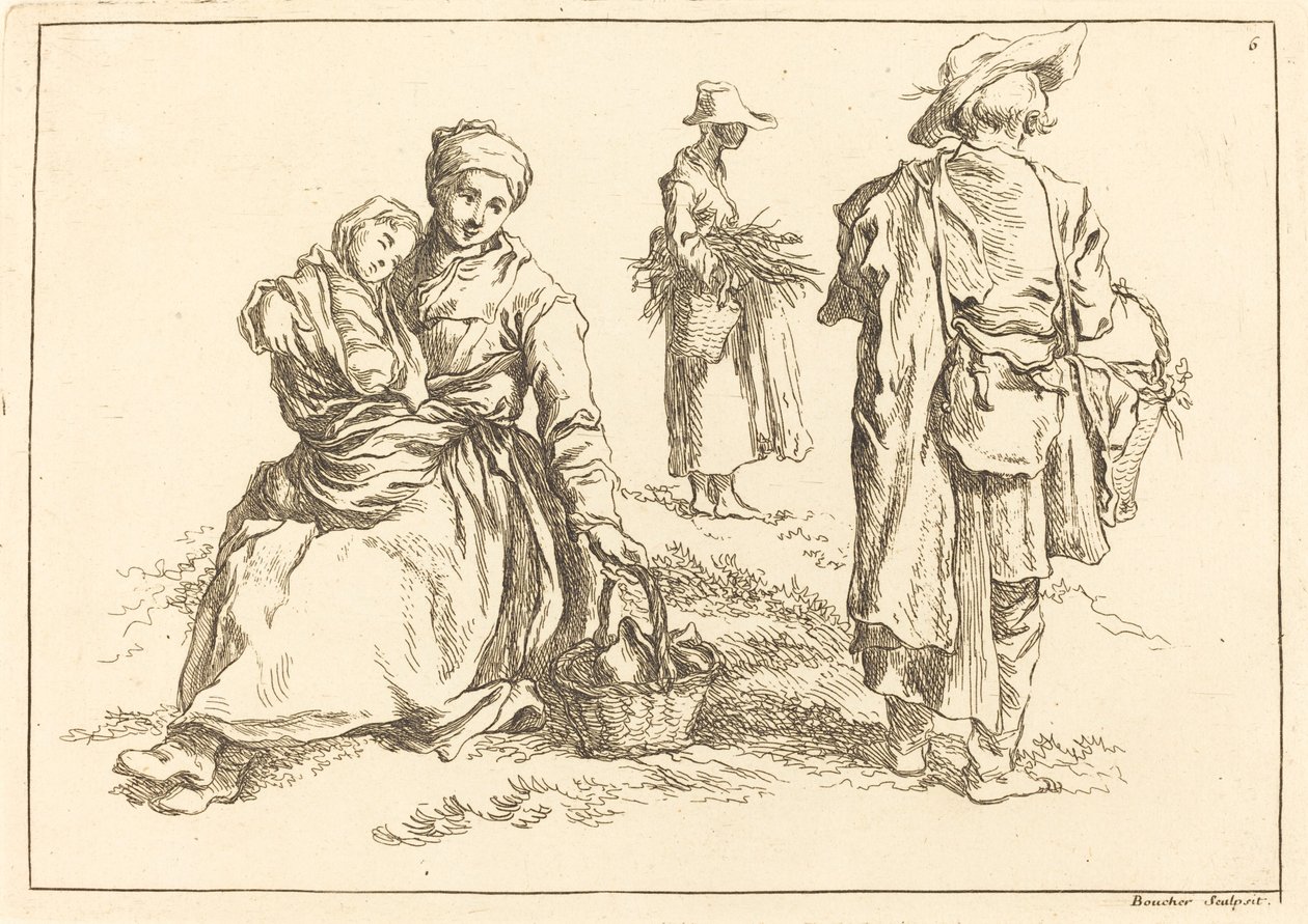 Sedící matka a dítě, dva stojící rolníci od François Boucher after Abraham Bloemaert