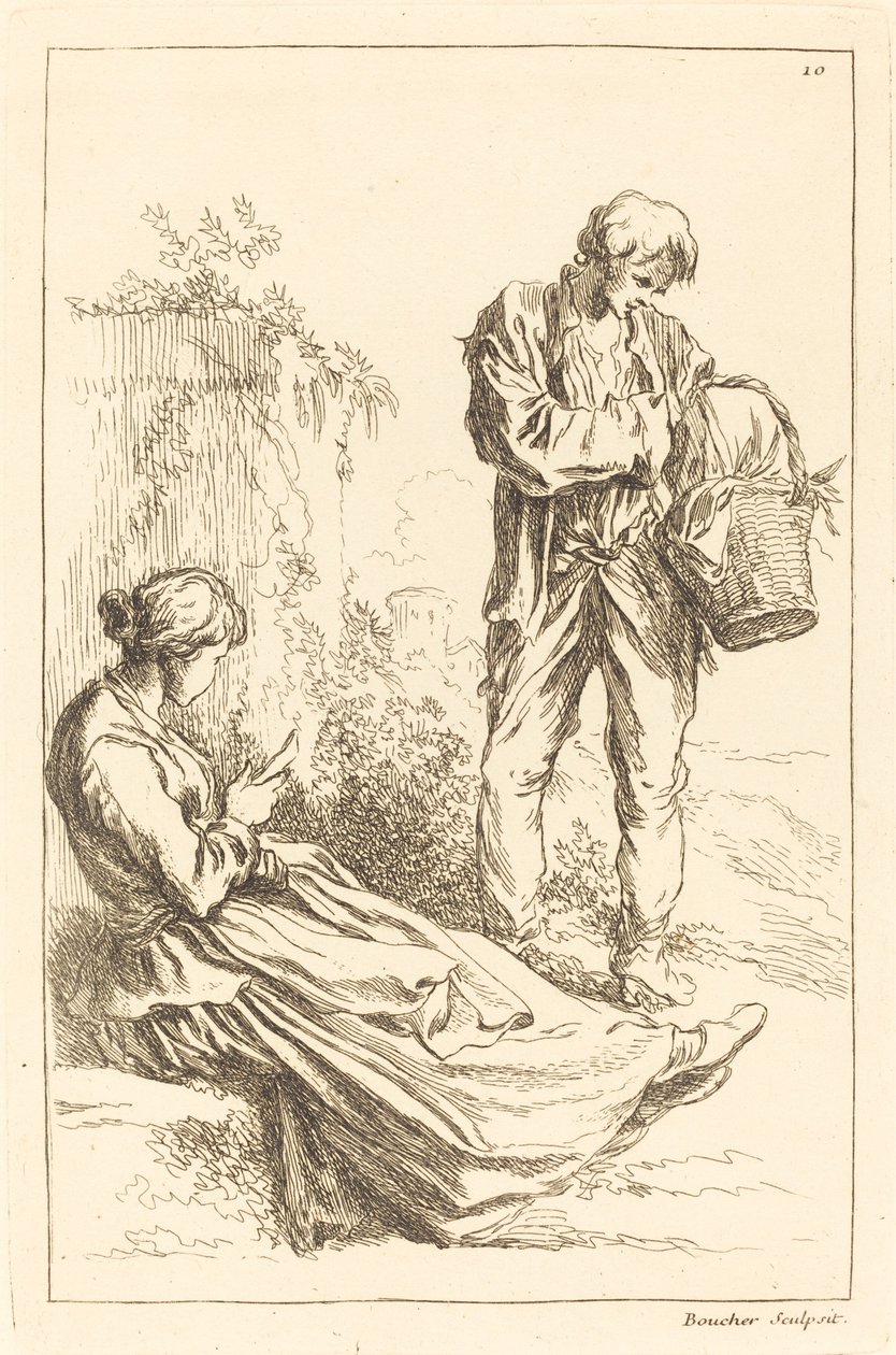 Sedící žena s rolníkem drží košík od François Boucher after Abraham Bloemaert