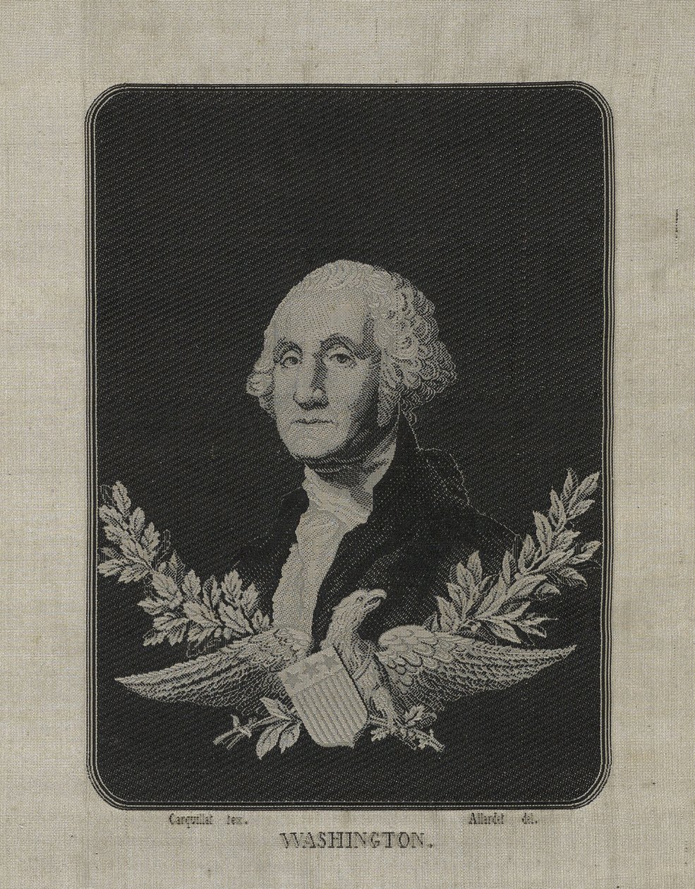 George Washington, kolem roku 1876 (hedvábí tkané na žakárovém stavu na papírové podložce s dekorací z měděné slitiny) od François Carquillat