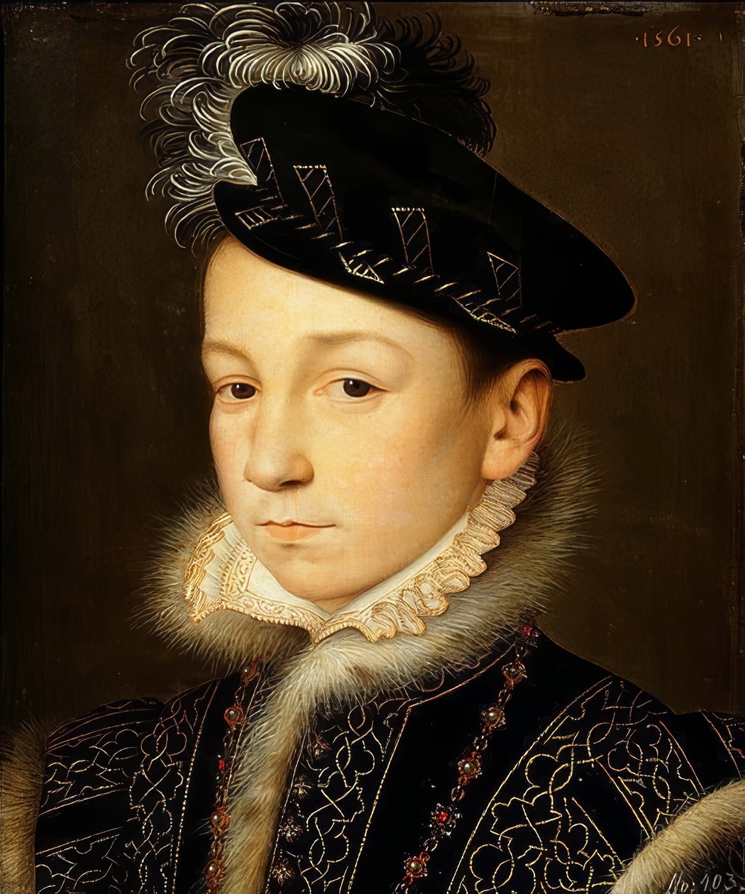 Král Karel IX Francie (1550-1574), poloviční portrét. 1561 od François Clouet