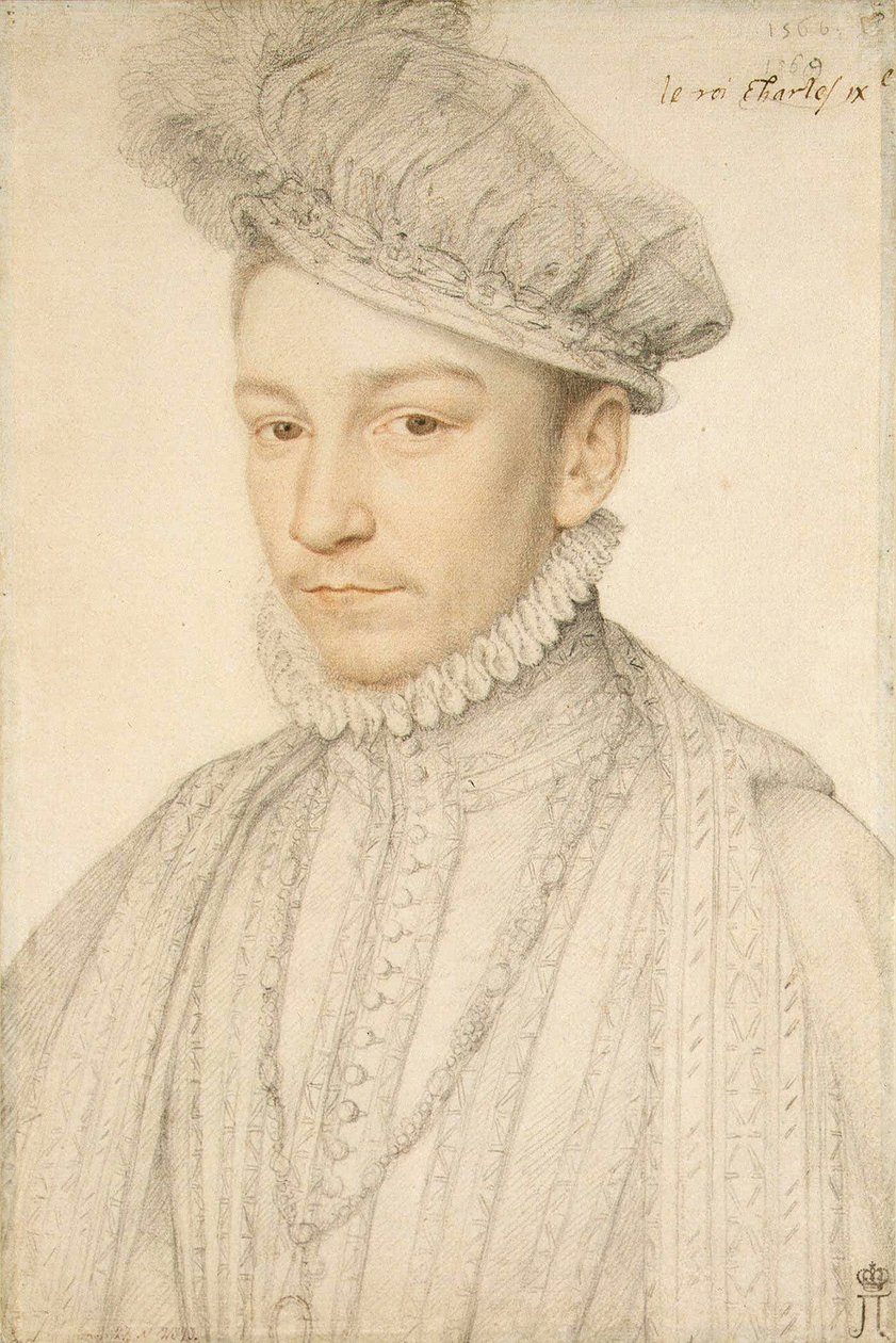 Portrét francouzského krále Karla IX. (1550-1574) par Clouet, Francois (1510-1572). Černá křída a sangvinik na papíře, rozměr : 33,5x22,5 od François Clouet