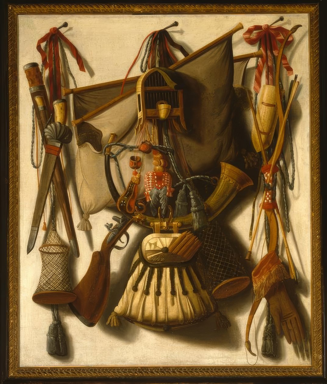 Trompe l’oeil zátiší s loveckým vybavením od François Coppeyn