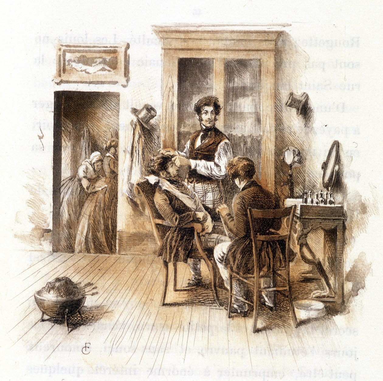 Holič. Ilustrace „“ Profile of grisette“““ nové patřící do kolekce „“ Mimi de Pinson““ od Alfreda de Musseta od François Courboin