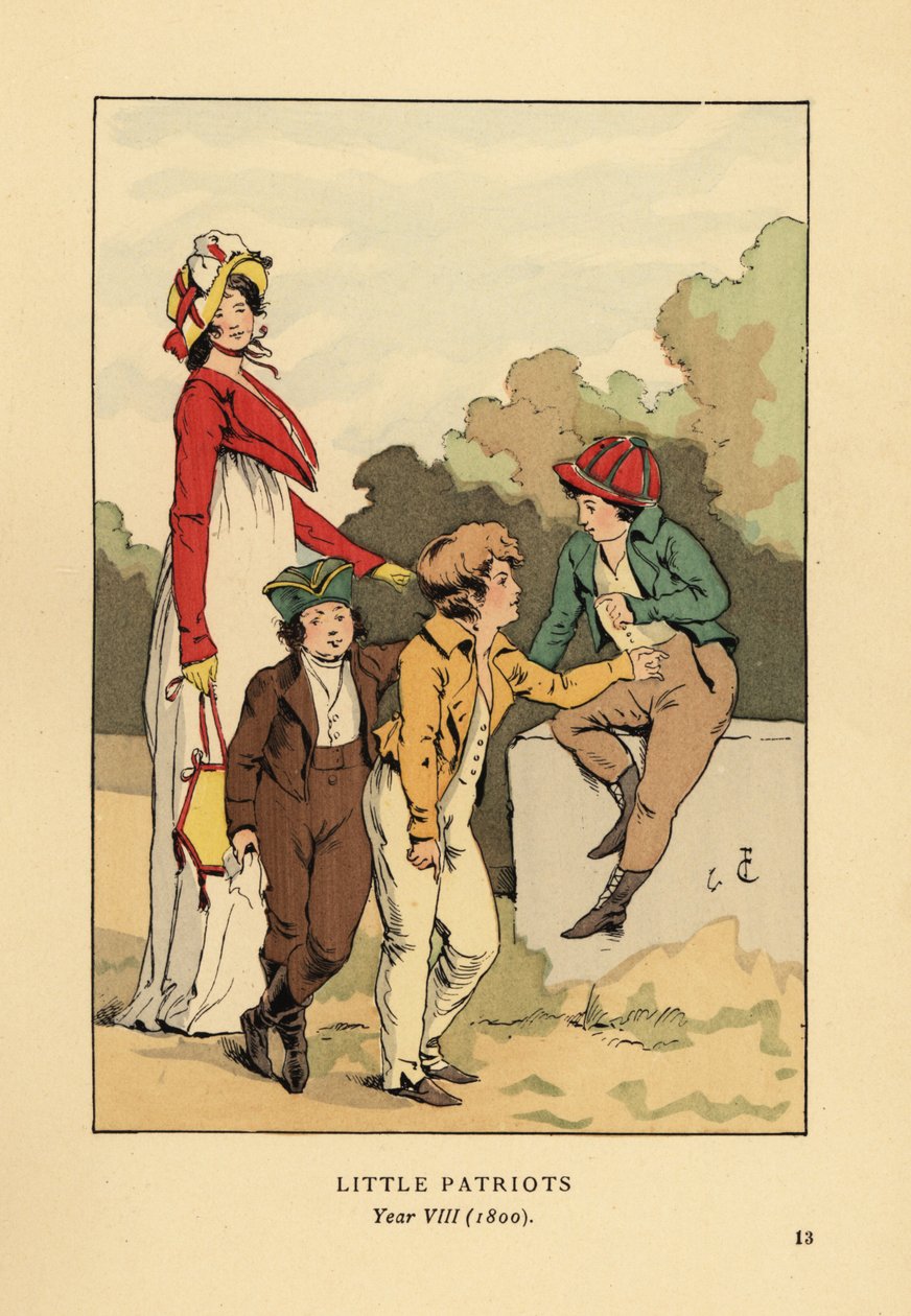 Chlapci v bundách a kalhotách s Merveilleuse v římském rouchu s čepcem a bundou spencer. Malí patrioti, ročník VIII od François Courboin