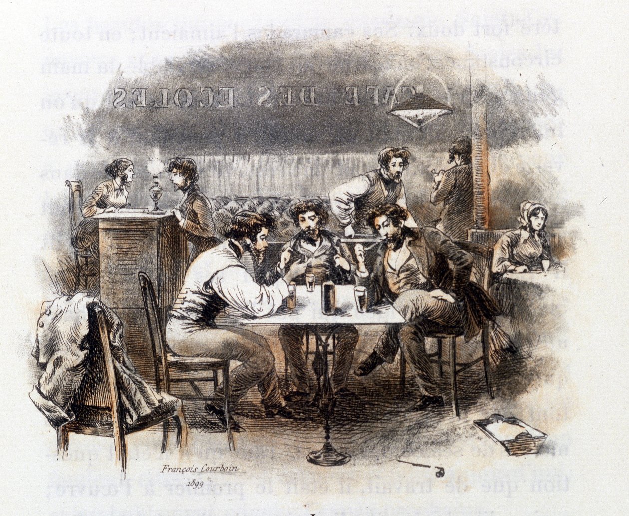 Diskuse studentů v pařížské kavárně. Ilustrace "Profil grisette" nově patřící k Receuil "Mimi de Pinson" od Alfreda de Musset od François Courboin
