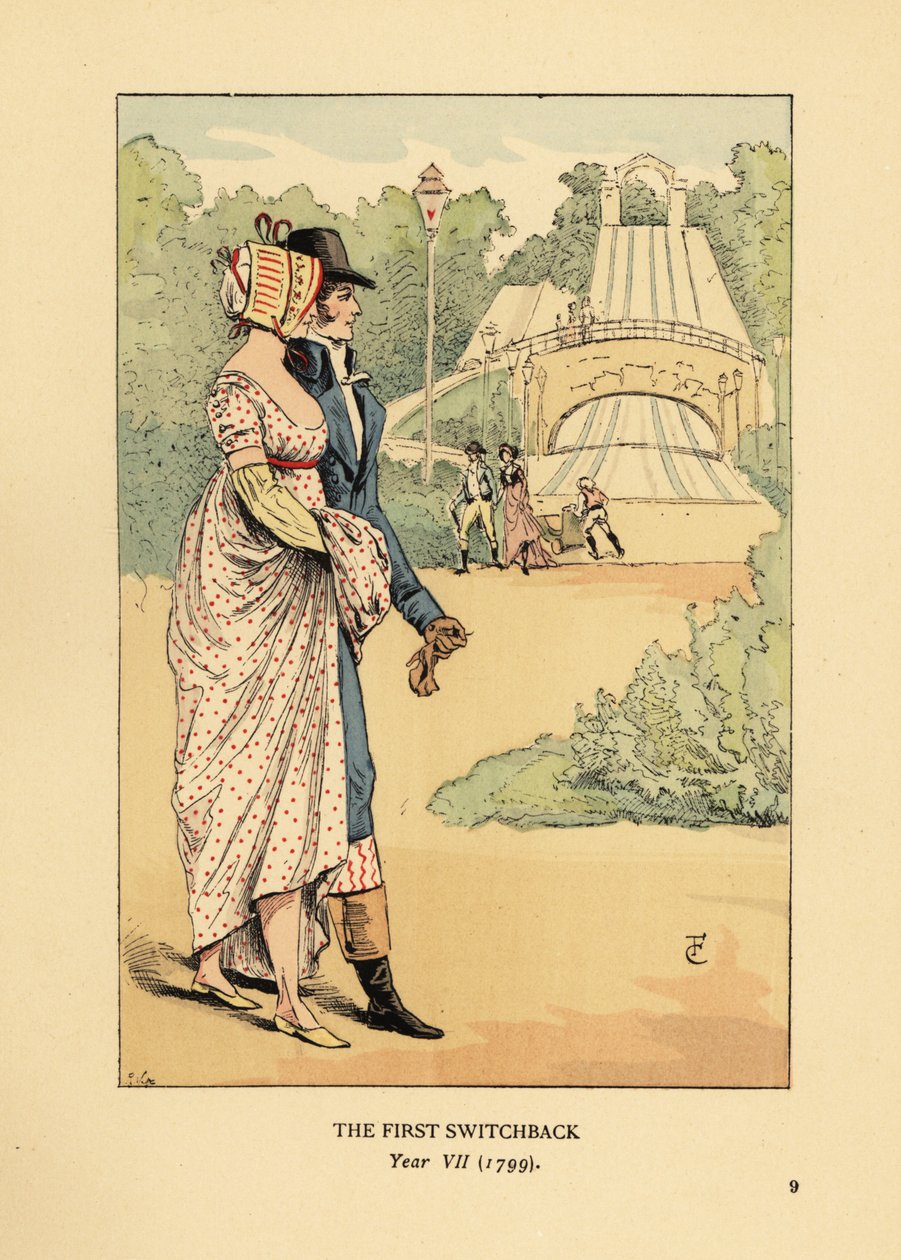 Módní pár na horské dráze v ruských horách, Les Montagnes Russes a Belleville, postavený v roce 1812. (První tobogán, ročník VII od François Courboin